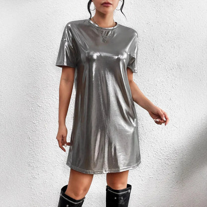 🍒Shiny t-shirt dress trendy o-neck outfit short-sleeved mini dress loose tee club wear party wear holiday wear beach party clothes Save Your Silvers keep Your Coppers