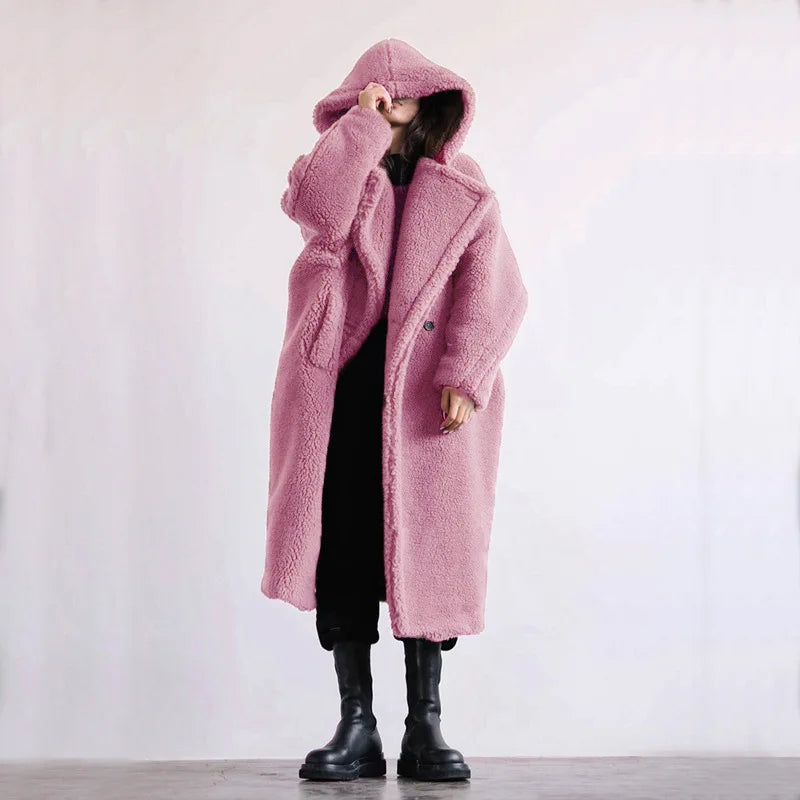 🍒Womens faux fur coat hooded midi lapel collar coat turn down collar coat colourful outerwear fashion open stitch elegant Warm thick autumn winter wear Feel Like A Bear In A Teddy