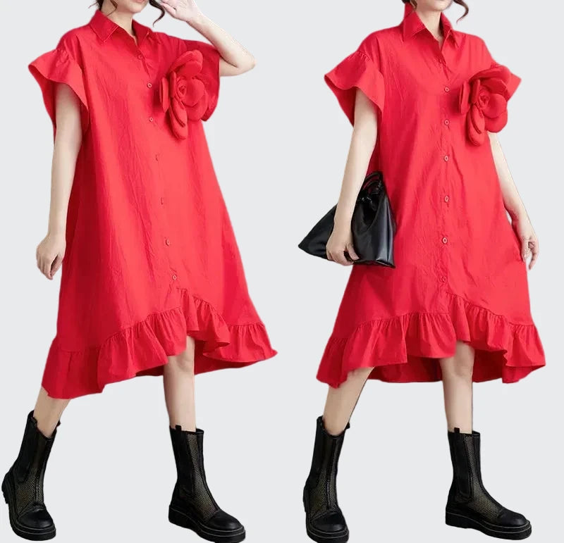 🍒Summer loose dress artistic high low ruffle trim outfit with 3D flower cotton blend office smart casual women mid-length a-Line Don’t Get Ruffled Pick A Flower And Ease lnto Summer