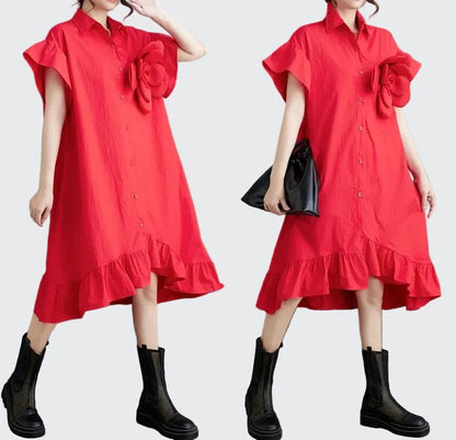 🍒Summer loose dress artistic high low ruffle trim outfit with 3D flower cotton blend office smart casual women mid-length a-Line Don’t Get Ruffled Pick A Flower And Ease lnto Summer