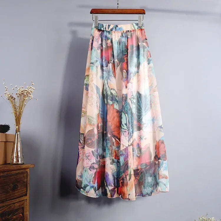 🍒Vintage bohemian long skirt full elegant chiffon fashion beach wear smart casual women high waist maxi skirt outfit summer Clothing Fill Your Basket With Roses
