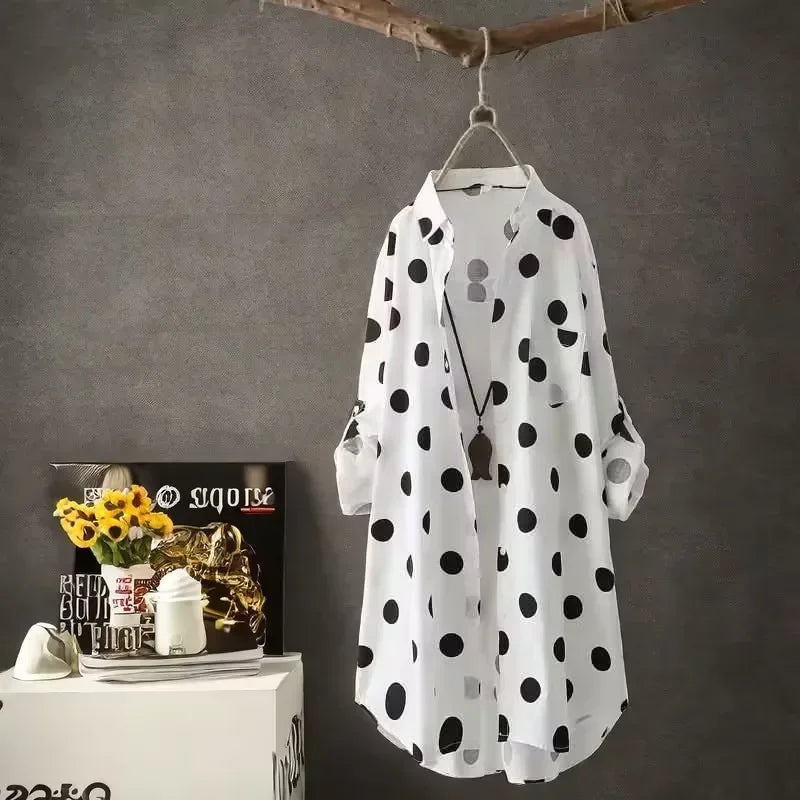 🍒Plus size polka dot shirt chic classic button up long sleeve outfit design dress stylish comfortable female fashion casual wear Get Spotted In These Dots