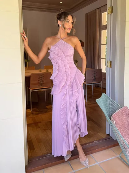🍒Ruffles evening gown elegant neck strap pleated a-line midi dress solid color summer outfits backless vacation wear Y2k fashion party occasion wear       Get This Ruffle You'll Be Frilled