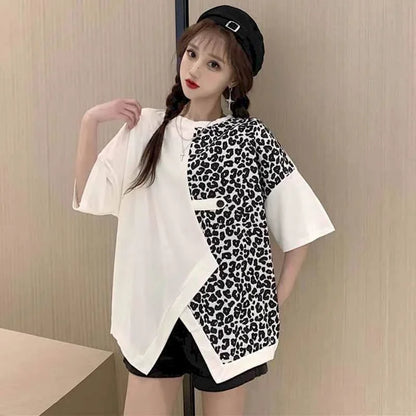 🍒Leopard patchwork t-shirt for women short-sleeved top loose  top shirt female fashion clothing  women casual clothes Print Animal Style