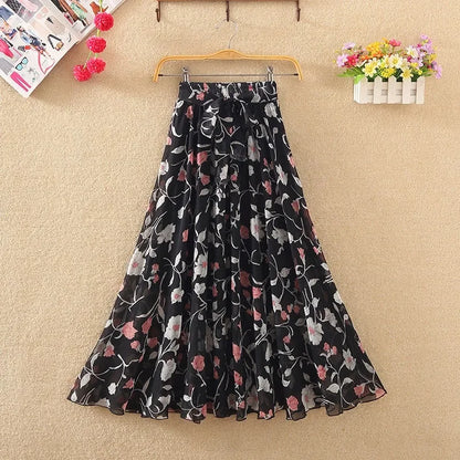 🍒Chiffon a-line skirt high waist long smart casual women trend modest vintage clothing quality fashion wear Floor-all With This Floral