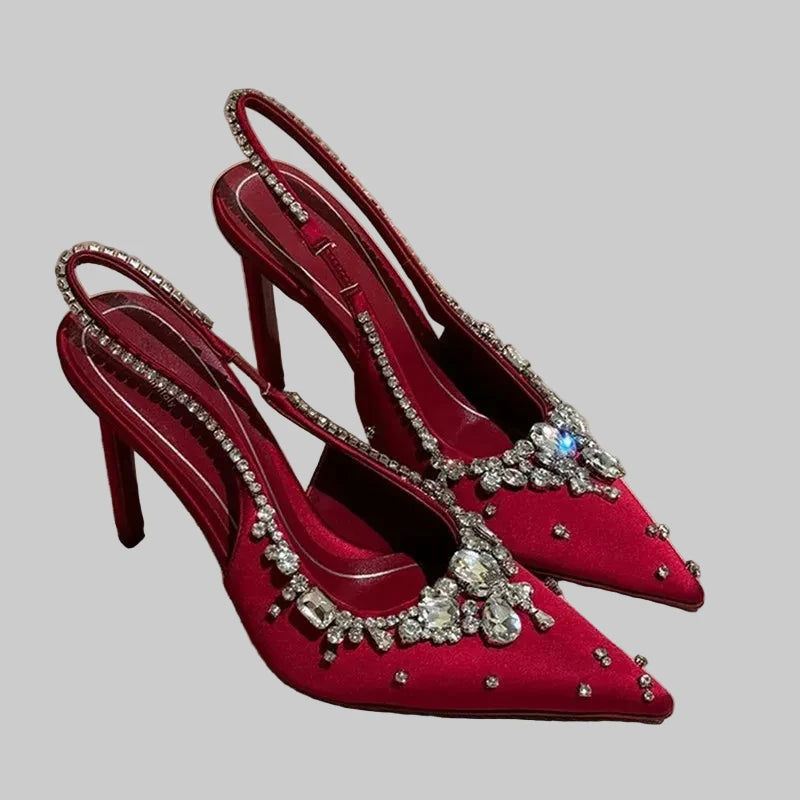 🍒Diamond satin slingback heels womens pointed toe pumps elegant stiletto high heels occasion shoes wedding party dress shoes 'Whine In Your Wines
