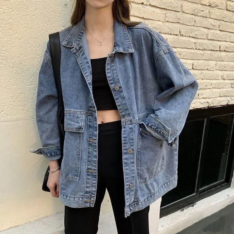 🍒Womens denim Jacket long sleeve Jeans jacket with big pockets  Bf unisex buttoned outerwear casual clothing Do Your Day Denim
