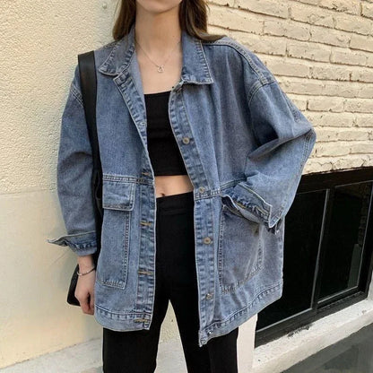 🍒Womens denim Jacket long sleeve Jeans jacket with big pockets  Bf unisex buttoned outerwear casual clothing Do Your Day Denim
