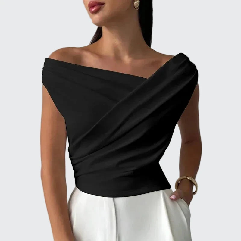 🍒Fashion office wear female slash neck top sleeveless one shoulder top for women elegant summer shirt white black off shoulder top holiday wear blouses smart casual vacation clothes Make No Mistake Close This Drape