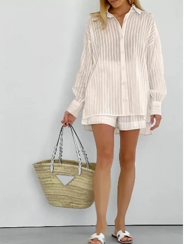 🍒Women's fashion two piece Set outfit striped puff sleeve shirt and shorts matching set casual clothes Feel Cool In This Airy Pair