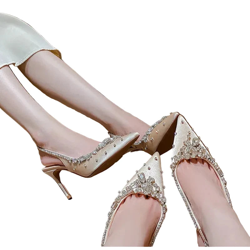 🍒Diamond satin slingback heels womens pointed toe pumps elegant stiletto high heels occasion shoes wedding party dress shoes 'Whine In Your Wines