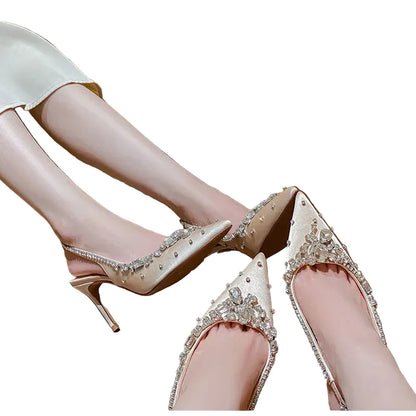 🍒Diamond satin slingback heels womens pointed toe pumps elegant stiletto high heels occasion shoes wedding party dress shoes 'Whine In Your Wines
