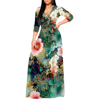 🍒Womens plus size maxi dresses boho print 3/4 sleeves outfit for smart casual beachwear party clothes swing style with belt Girl Power Flower