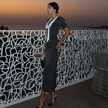 🍒Dot printed dress short sleeve womens clothing fashion wear midaxi dress outfit smart casual clothes v-neck