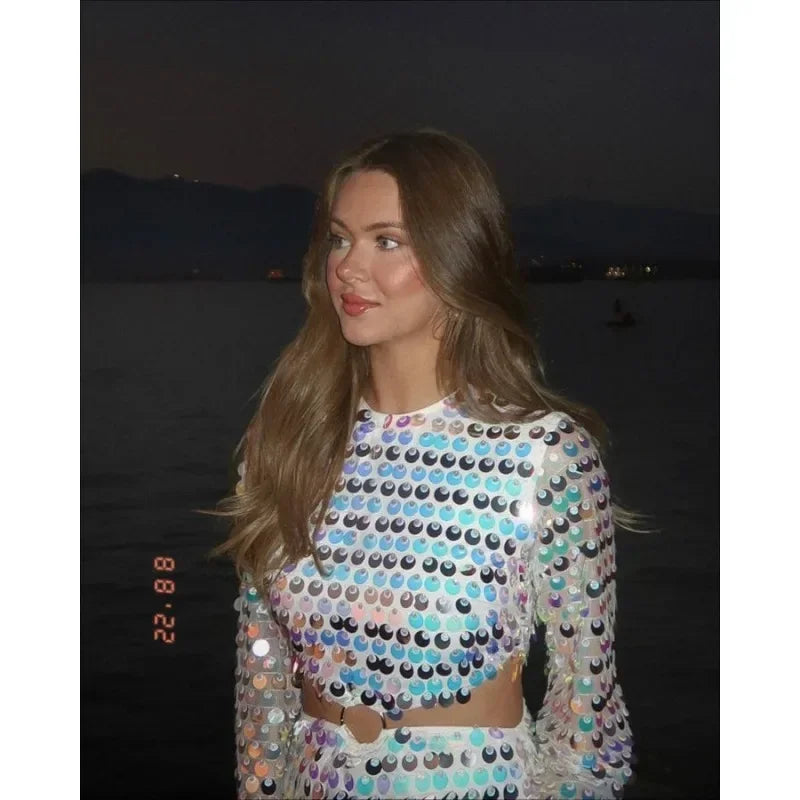 🍒Spring summer outfits women sequins mini dress flare sleeves o-neck fashion club wear party occasion wear irregular clothing DISCO-ver Sequin Style