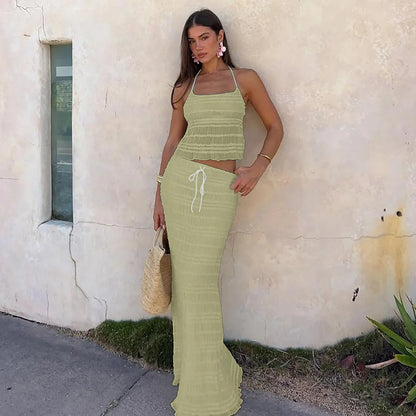 🍒Chiffon two piece set womens summer fashion halter crop top and maxi skirt fashion clothing beach party wear holiday wear smart casual clothes Delicately Delightful