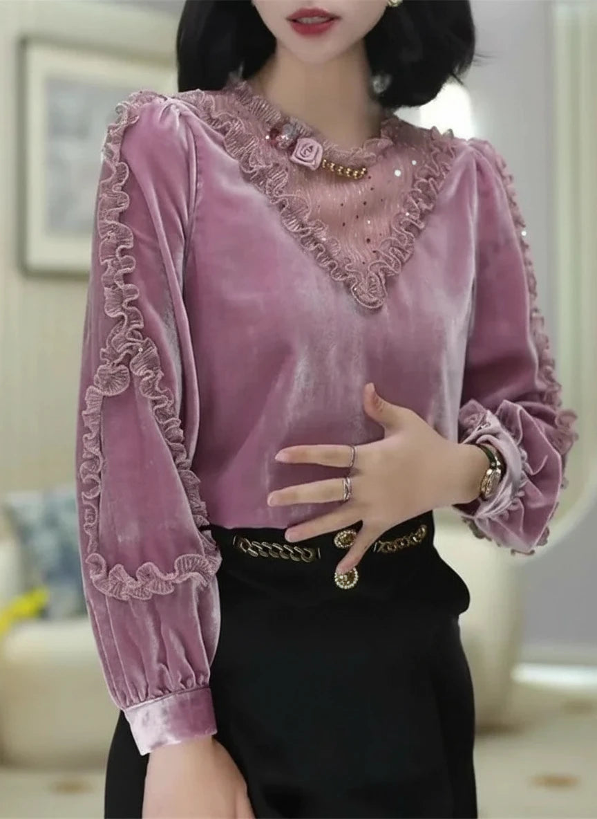 🍒Velvet patchwork blouse sweet womens ruffle top puff sleeve shirt vintage style clothing baroque beading sequin luxury lace fashion wear Move Into mauve