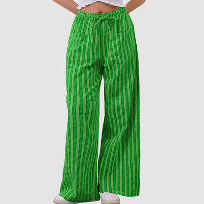 🍒Stripe wide leg pants high waist ealstic trousers drawstring wide leg baggy bottoms womens casual high street clothing with pocket Get slouchy In Stripy Slacks