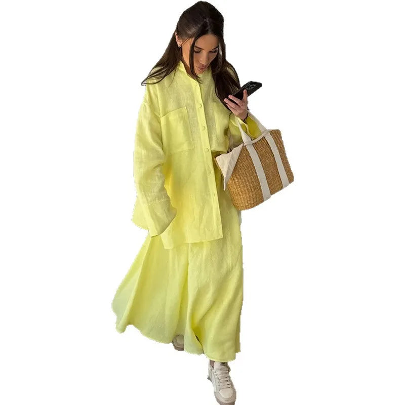 🍒Two piece women's clothing sets summer wear turn-down collar shirt full sleeve top plus draped long skirt outfit maxi female fashion relaxed smart casual clothing Lime In Your Lemon