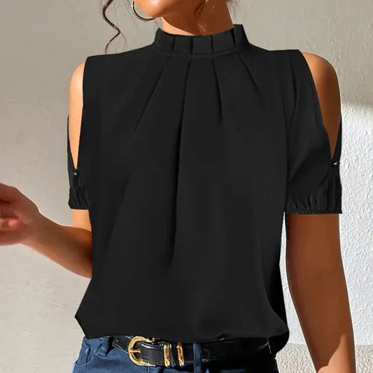 🍒Cold shoulder black top short sleeve design office wear women Ladie blousese summer casual wear feminine shirt Choose Chic