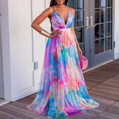 🍒Printed mesh maxi dress sleeveless high street fashion outfit for women long maxi frocks occasion partywear Cool Out In A Pool