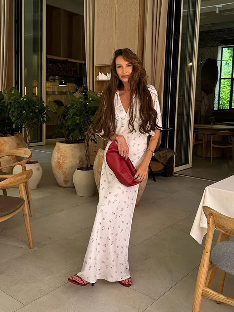 🍒Summer printed v-neck dress  with flower print womens fashion slim fit waist short butterfly sleeve long summer outfit with short sleeves high waist office wear cute comfy casu classy