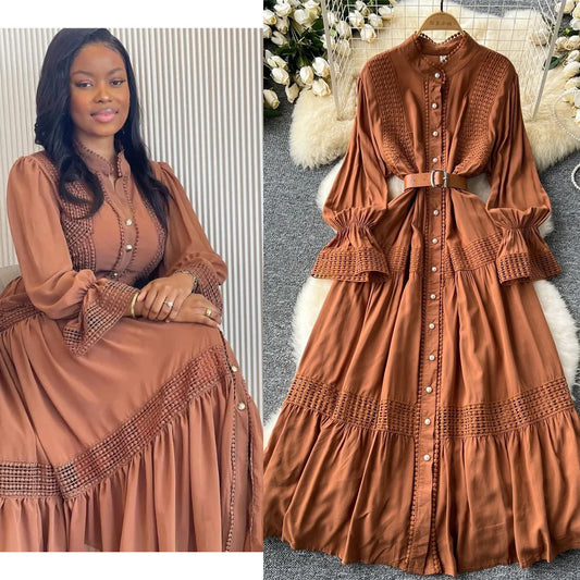 🍒Stand collar maxi dress a-line elegant single breasted smart casual women puff seeve outfit single breasted shirt dresses high waist Y2k fashion vintage style clothimg Get A ComPLEAT Look