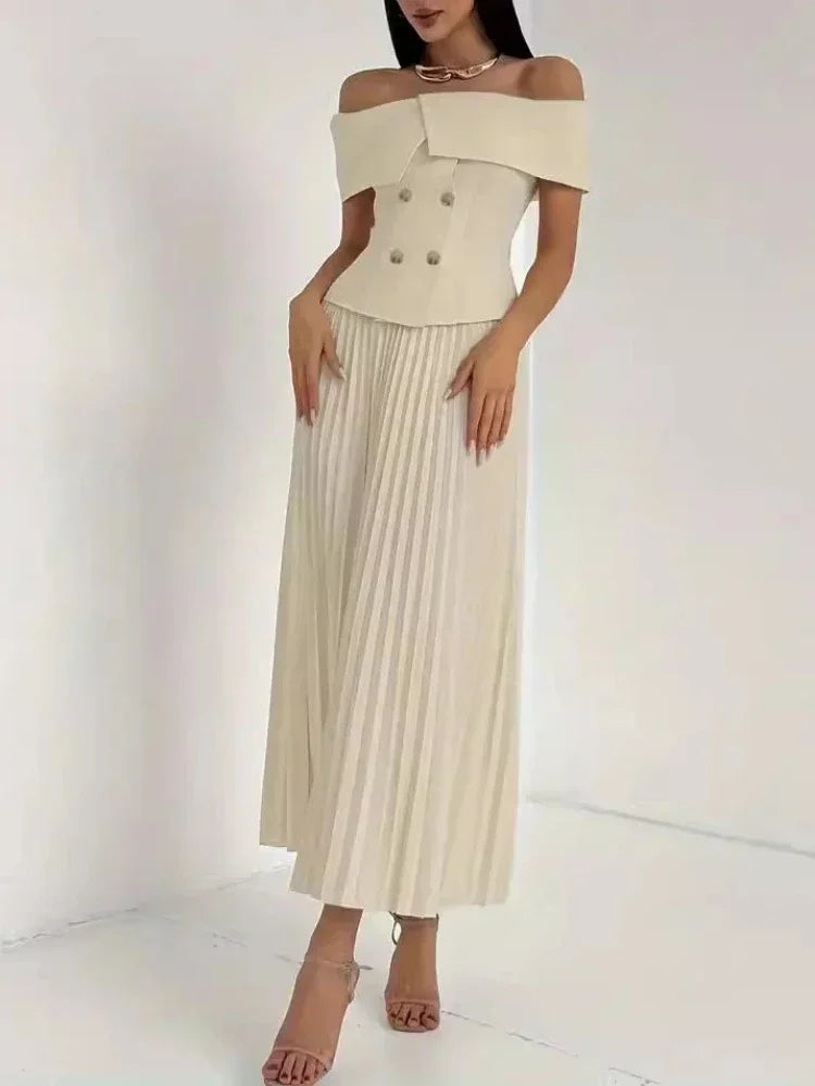 🍒Fashion two piece outfits with long pleated skirts maxi fashion and Off-shoulder top matching sets neutral clothing for women party formal wear party occasion wear Cool off with Ice Cream