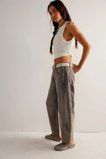 🍒Loose mid waist Jeans bleached denim style full length pants fashion solid colour trousers with pockets casual wear for women Barrels Of Style