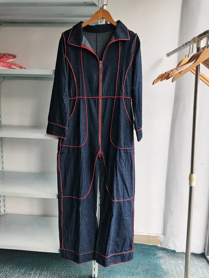 🍒womens solid colur jumpsuit denim romper jeans for women autumn winter fashion long sleeve loose outerwear garment overalls wide leg ladies pants trousers jeans wear