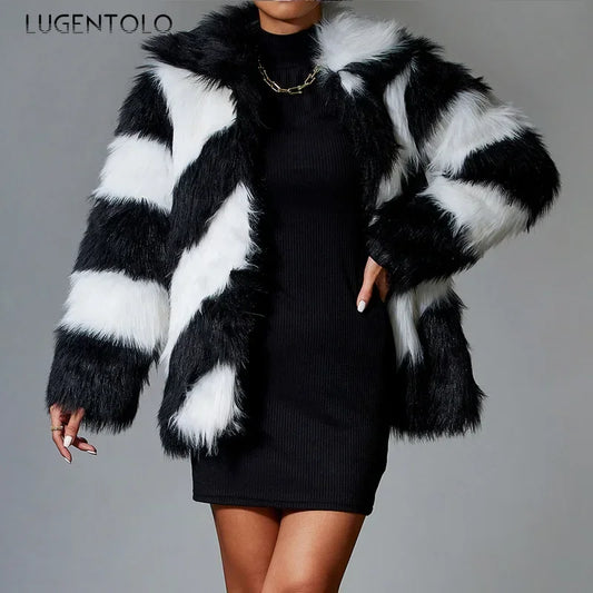 🍒Fluffy faux fur jacket autumn winter lapel coat female smart causal outerwear striped  for women ocassion party overcoat Get On The A-List vibe With A Z-(eberdy)List