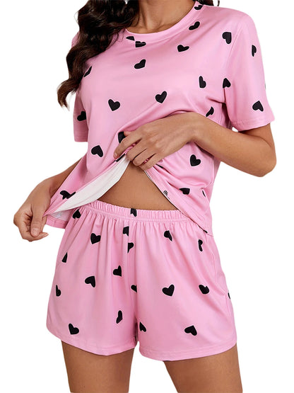 🍒Women's Love heart sleepwear set print knit fashion heart print top soft short sleeve top and shorts sleepwear set for comfortable home wear lounge wear  Light Hearted Fun