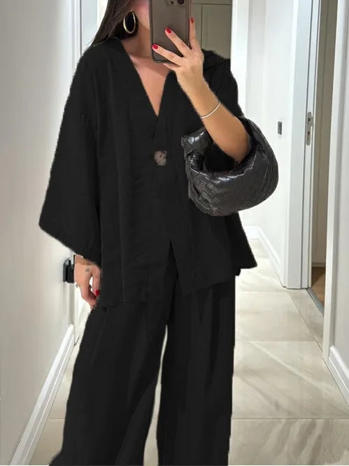 🍒Casual trouser suit for women elegant long sleeve outfit single colour wide leg pants and jacket   set spring summer fashion loose two-piece Partying Pjs