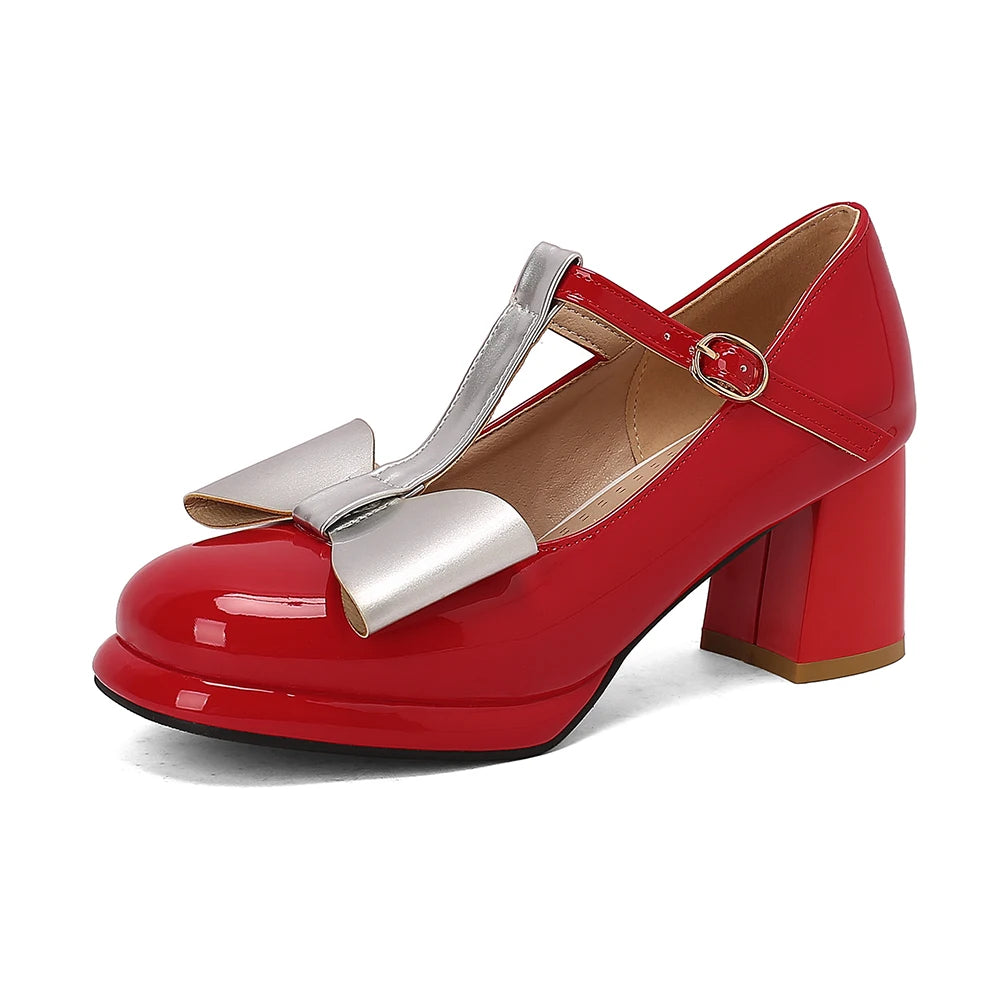 🍒T strap high heels round toe pumps women low platform shoes plus size available bow footwear for party wear wedding t-bar for special occasions Footwear With A Bow On IT