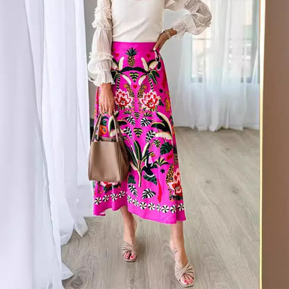 🍒Womens spring summer skirts floral midi vintage streetwear ladies elastic waist female fashion wear smart casual clothing Look Cool In Hot Pink