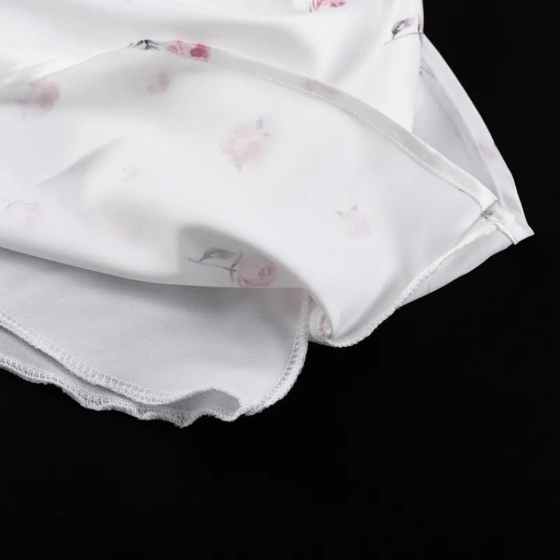 🍒White floral satin maxi dress for women casual or occasion wedding guest beach vacation outfit flower printed v-neck dress womens fashion slim fit waist short butterfly sleeve long summer wear with short sleeves high waist cute comfy casu-casion