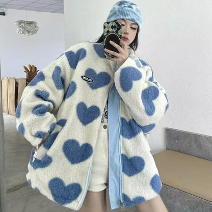 🍒Fashion Stand-up Collar OutwearFaux lambswool fur jacket women's warm coat autumn winter outerwear for women heart print stand collar coat Ya Hearts Printed On This