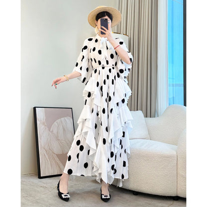 🍒 Dress with polka dots simple pleats and ruffled edges summer outfit looks long loose fit smart primted casual wear loose Fit clothing and Slimming Effect  party occasion clothing Lucky You Spotted this Spot