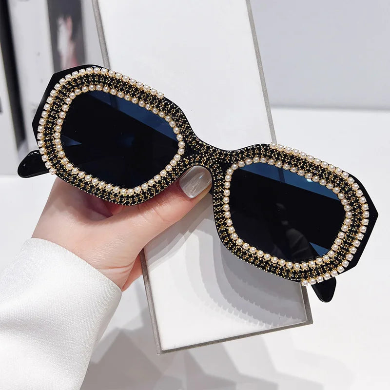 🍒Diamond square sunglasses with pearls women fashion luxury rhinestone trendy shades for women female sun shades polygon eyewear for women uv 400 protection Have Your Say In A Pearly Cool Way