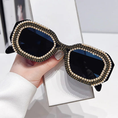 🍒Diamond square sunglasses with pearls women fashion luxury rhinestone trendy shades for women female sun shades polygon eyewear for women uv 400 protection Have Your Say In A Pearly Cool Way