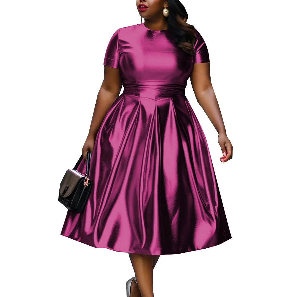 🍒A-line shiny dress metallic short sleeve midi for women plus size outfit fit and flare elastic dress smart casual clothing Summer Stunner
