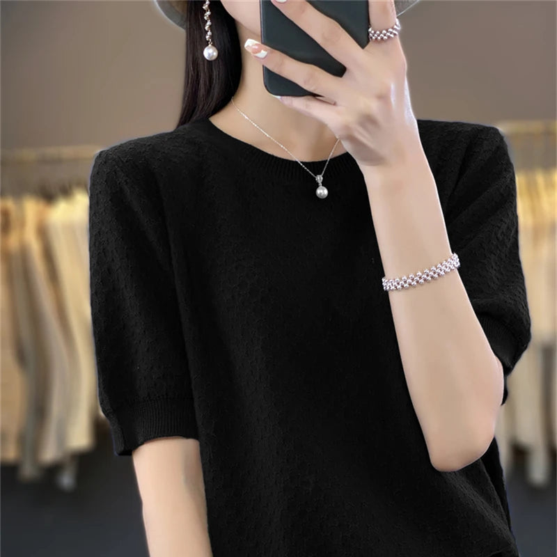 🍒Womens textured t-shirt summer cotton tops short sleeve solid colour tee round neck loose blouse casual clothing