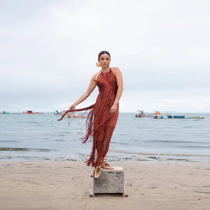 🍒Multi-layer tassel dress women's solid o-neck sleeveless cocktail dress elegant female fashion ball party outfit occasion wear club wear holiday beach party wear No Tossle Tassle