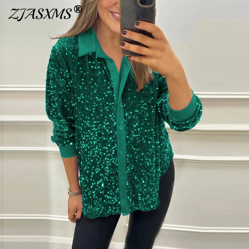 🍒Sparkly sequin blouse womens party shirt single breasted lapel long sleeve occasion wear top Glissy Gold