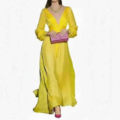 🍒Women's party dress elegant engagement evening party dresses v-neck long sleeve floor length outfit with long sleeves and ruched pleats chiffon occasion fashion wear This Strawberry And Lemon Will Grow To Be Your Favourites