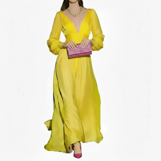 🍒Women's party dress elegant engagement evening party dresses v-neck long sleeve floor length outfit with long sleeves and ruched pleats chiffon occasion fashion wear This Strawberry And Lemon Will Grow To Be Your Favourites