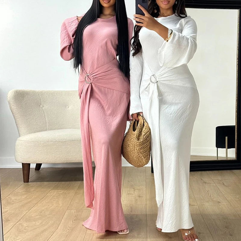 🍒Tie dress for women o neck fashion clothing slim fit smart casual wear long sleeve party wear elegant high waist outfit No Figuring This One Out