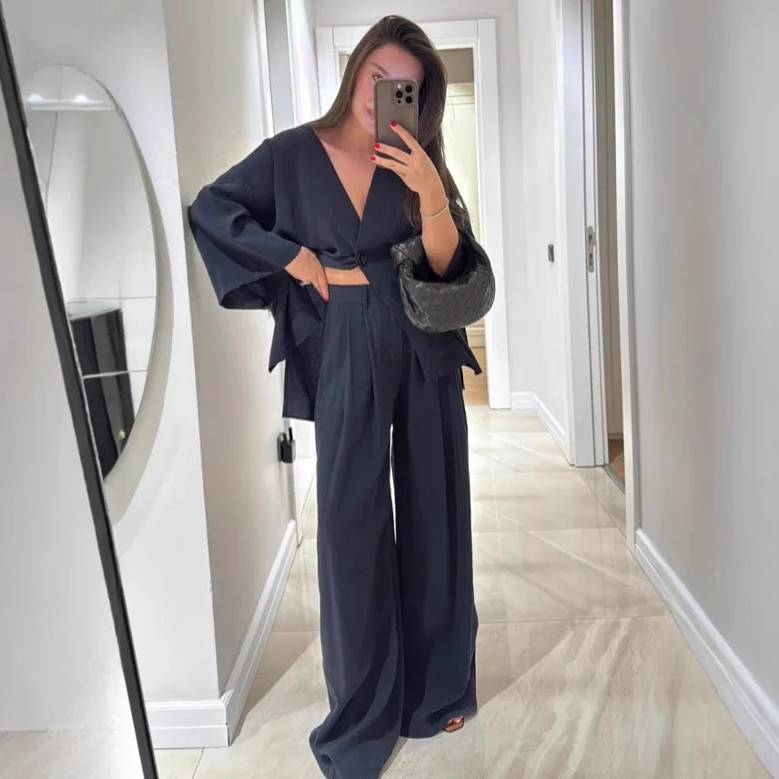🍒Casual trouser suit for women elegant long sleeve outfit single colour wide leg pants and jacket   set spring summer fashion loose two-piece Partying Pjs