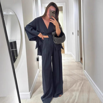 🍒Casual trouser suit for women elegant long sleeve outfit single colour wide leg pants and jacket   set spring summer fashion loose two-piece Partying Pjs