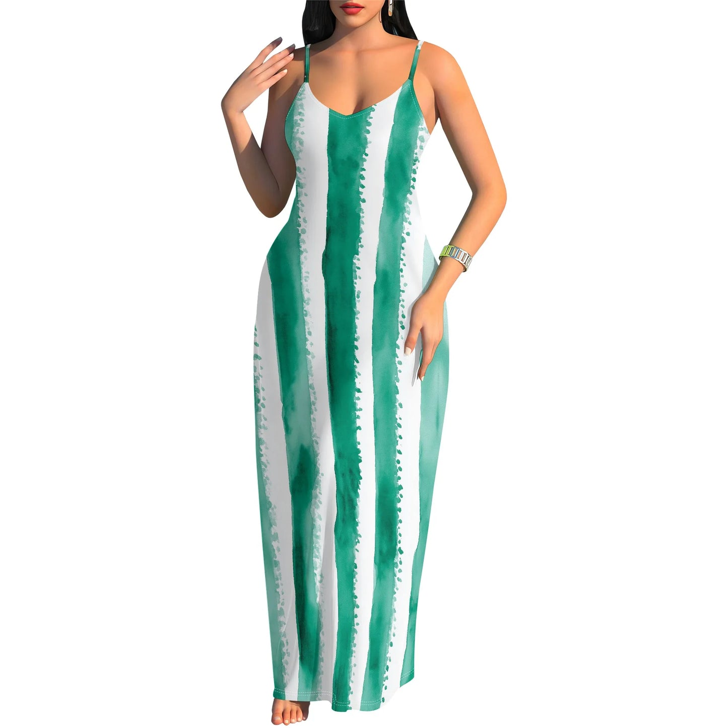 🍒Striped spaghetti strap maxi dress for holiday watercolor green & white pattern summer beach clothes for women plus size clothing S-3XL Five Stripes And Your Out-fitted